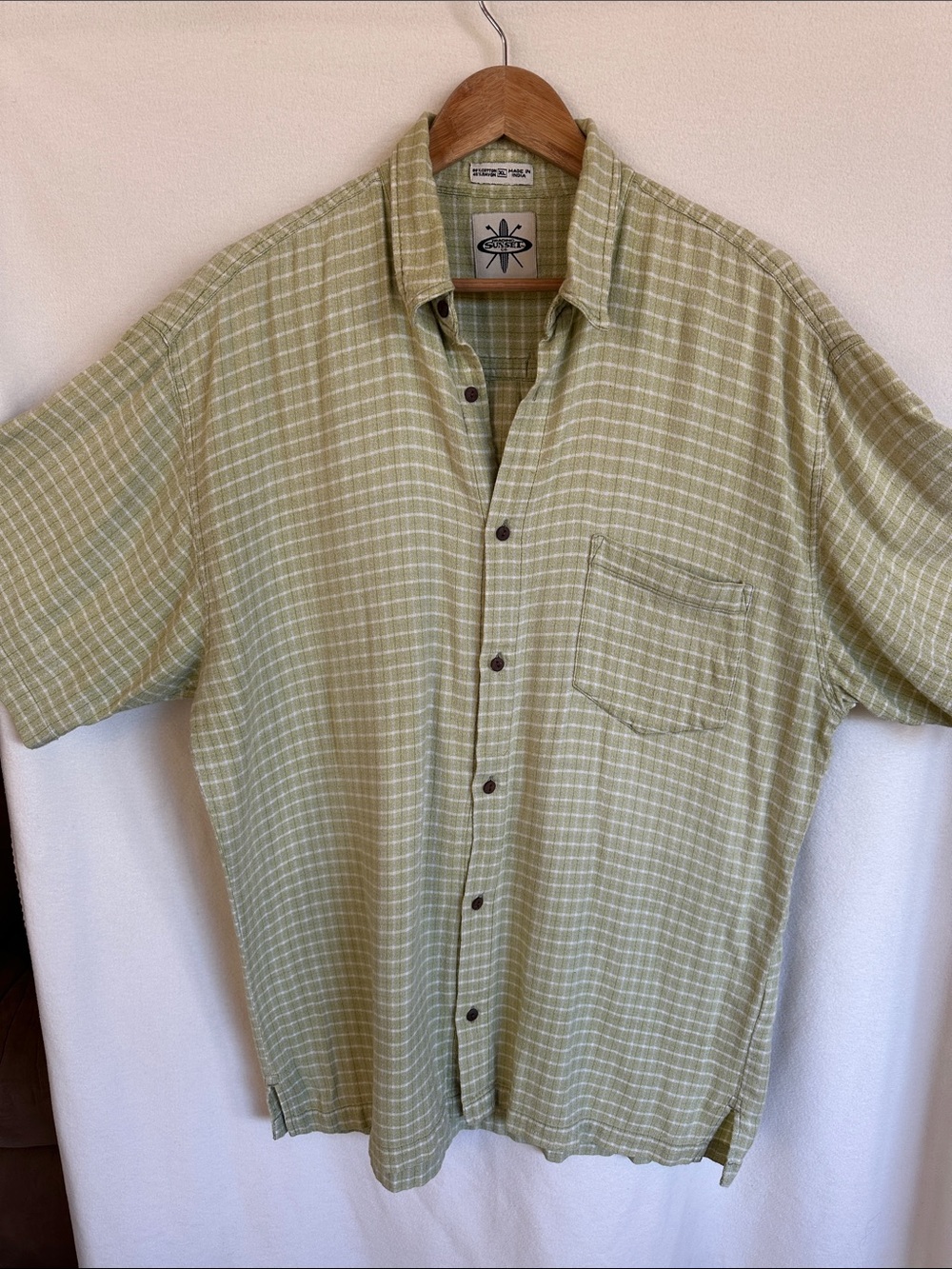 Trading Sunset Light Green Checked Short-Sleeve Shirt XL